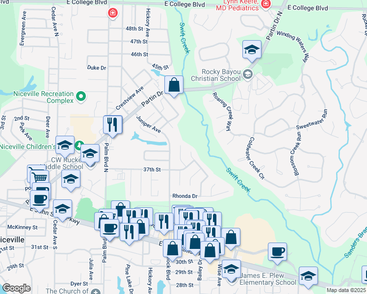 map of restaurants, bars, coffee shops, grocery stores, and more near 431 Morningbird Court in Niceville