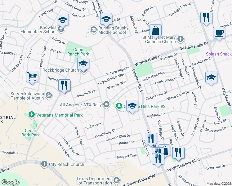 map of restaurants, bars, coffee shops, grocery stores, and more near 1802 Warwick Cove in Cedar Park