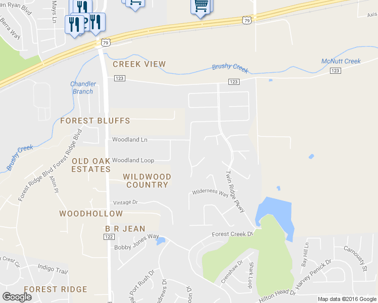 map of restaurants, bars, coffee shops, grocery stores, and more near Meandering Way in Round Rock
