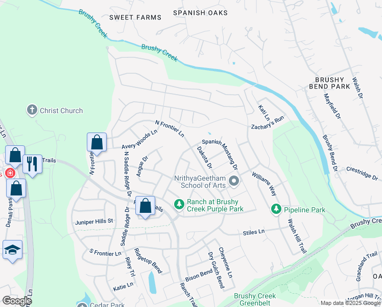 map of restaurants, bars, coffee shops, grocery stores, and more near 225 Dakota Drive in Cedar Park