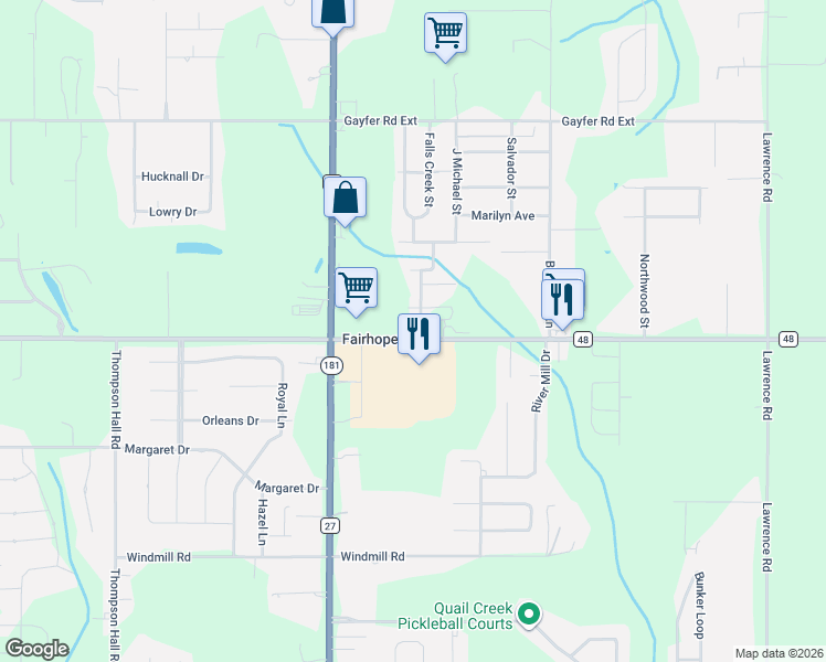 map of restaurants, bars, coffee shops, grocery stores, and more near 101 Normandy Street in Fairhope