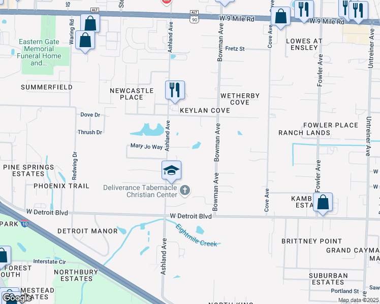 map of restaurants, bars, coffee shops, grocery stores, and more near 8590 Ashland Avenue in Pensacola