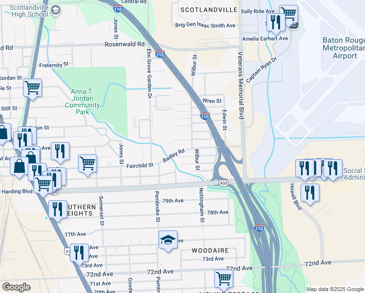 map of restaurants, bars, coffee shops, grocery stores, and more near 2499 Badley Road in Baton Rouge