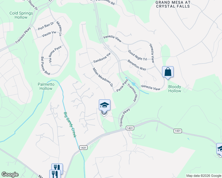 map of restaurants, bars, coffee shops, grocery stores, and more near 2617 Milan Meadows Drive in Leander