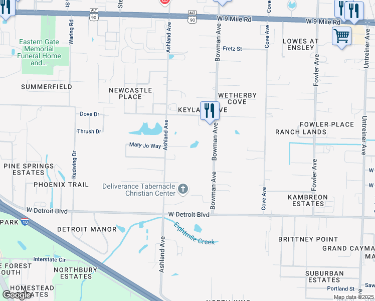 map of restaurants, bars, coffee shops, grocery stores, and more near 8590 Ashland Avenue in Pensacola
