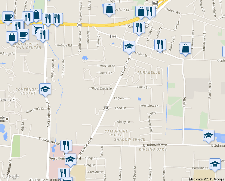 map of restaurants, bars, coffee shops, grocery stores, and more near 2399 Shoal Creek Drive in Pensacola
