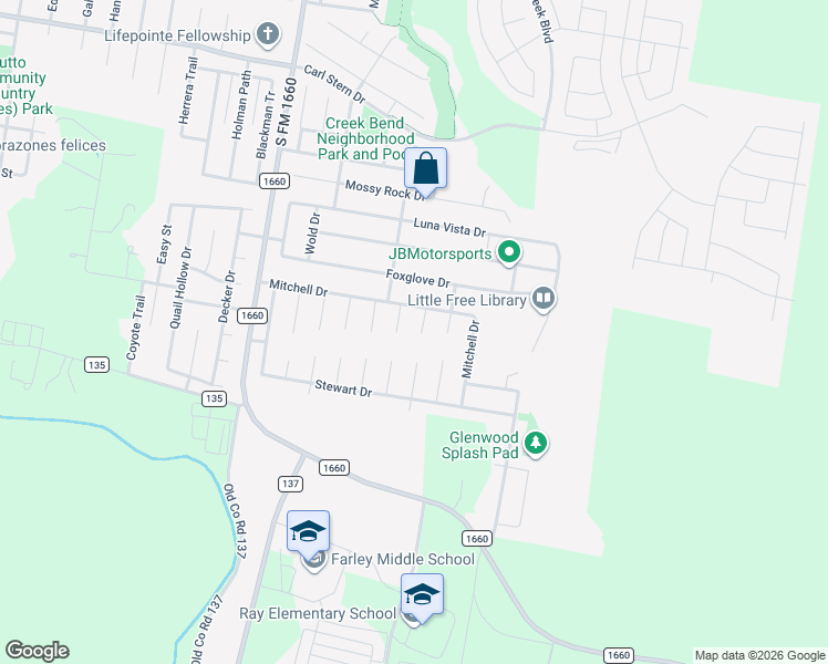 map of restaurants, bars, coffee shops, grocery stores, and more near 109 Musselman Court in Hutto