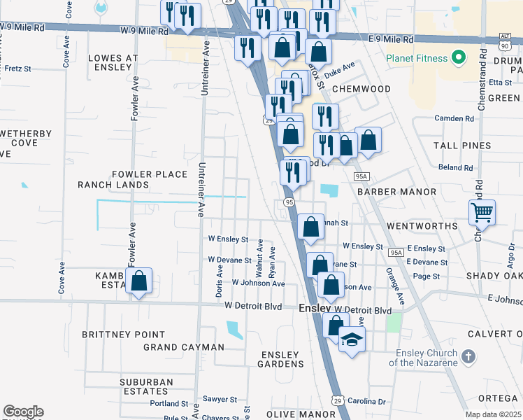 map of restaurants, bars, coffee shops, grocery stores, and more near 450 West Hannah Street in Pensacola