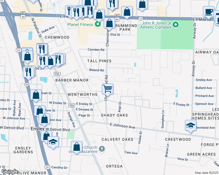 map of restaurants, bars, coffee shops, grocery stores, and more near 8710 Chemstrand Road in Pensacola