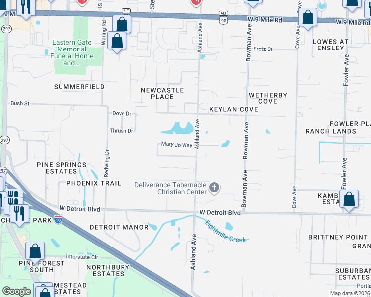 map of restaurants, bars, coffee shops, grocery stores, and more near 8571-8591 Ashland Avenue in Pensacola