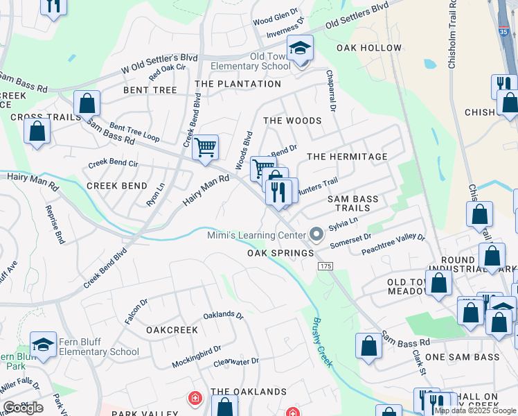 map of restaurants, bars, coffee shops, grocery stores, and more near 2007 County Road 175 in Round Rock