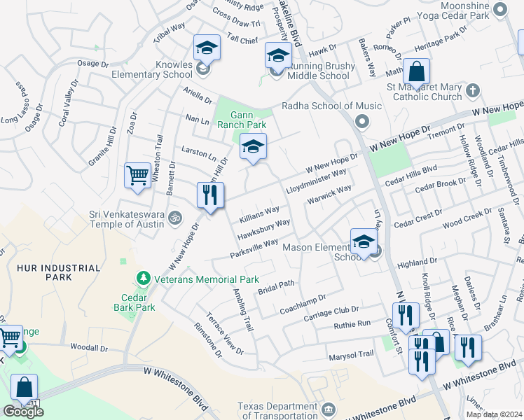 map of restaurants, bars, coffee shops, grocery stores, and more near 1800 Killians Cove in Cedar Park