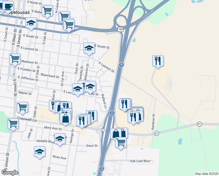 map of restaurants, bars, coffee shops, grocery stores, and more near 1400-1648 Short Street in Opelousas