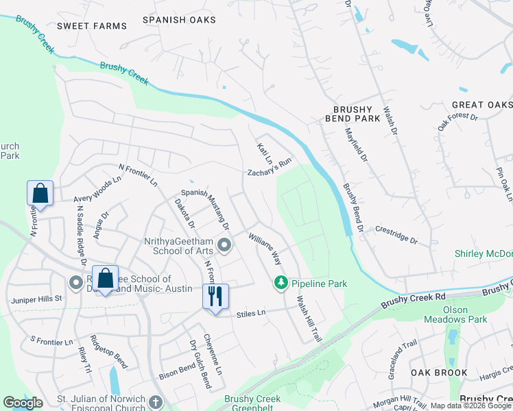 map of restaurants, bars, coffee shops, grocery stores, and more near 517 Walsh Hill Trail in Cedar Park