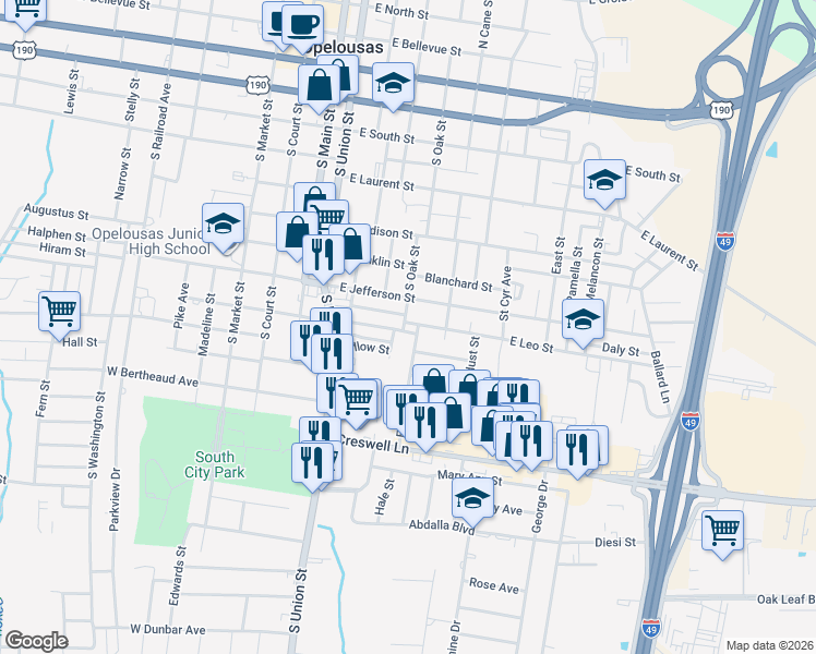 map of restaurants, bars, coffee shops, grocery stores, and more near 1117-1121 Edith St in Opelousas