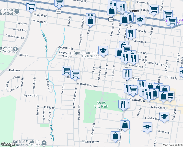 map of restaurants, bars, coffee shops, grocery stores, and more near 1101-1199 Pike Avenue in Opelousas