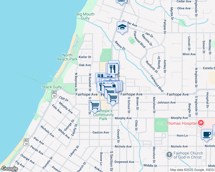map of restaurants, bars, coffee shops, grocery stores, and more near in Fairhope