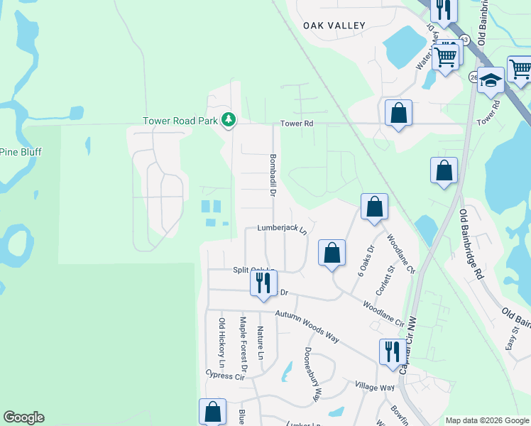 map of restaurants, bars, coffee shops, grocery stores, and more near 5784 Lumberjack Lane in Tallahassee