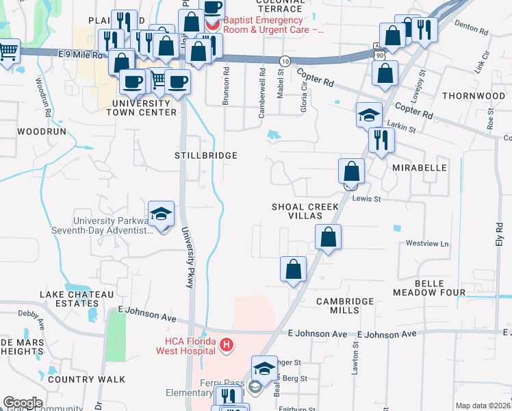 map of restaurants, bars, coffee shops, grocery stores, and more near in Pensacola