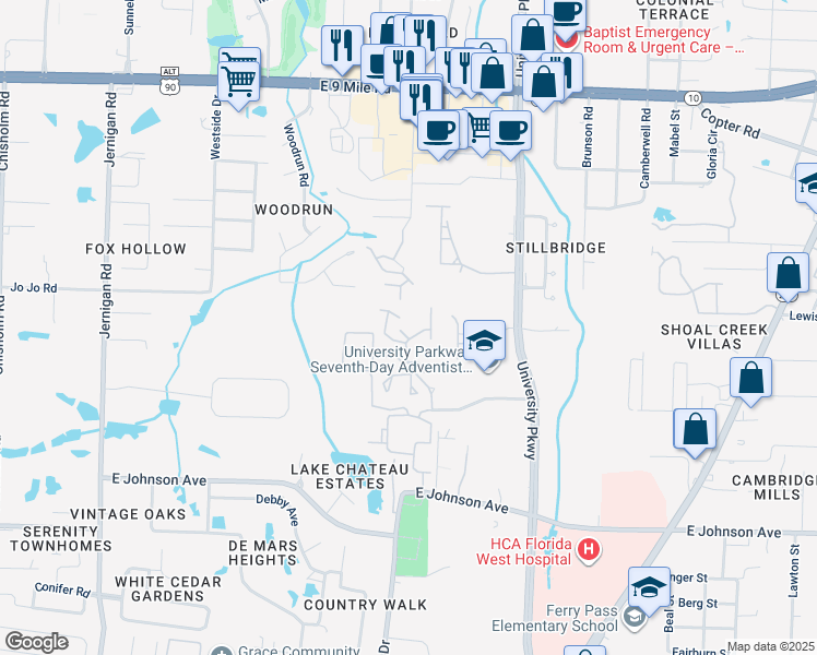 map of restaurants, bars, coffee shops, grocery stores, and more near 2349 Creekside Court in Pensacola
