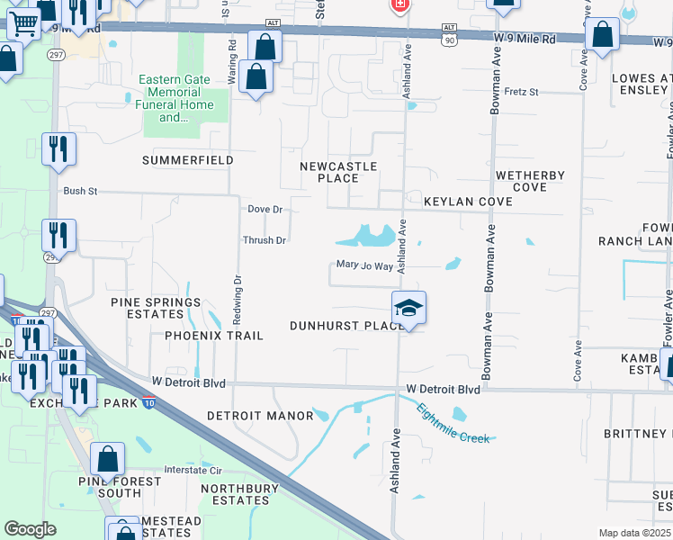 map of restaurants, bars, coffee shops, grocery stores, and more near 1795 Mary Jo Way in Pensacola