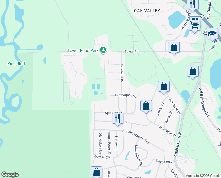 map of restaurants, bars, coffee shops, grocery stores, and more near 6176 Huckleberry Lane in Tallahassee