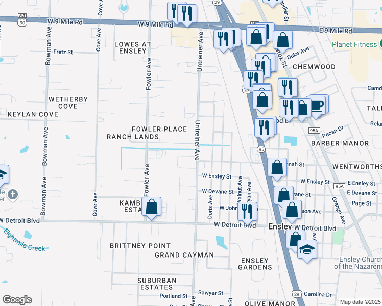 map of restaurants, bars, coffee shops, grocery stores, and more near 8611 Untreiner Avenue in Pensacola