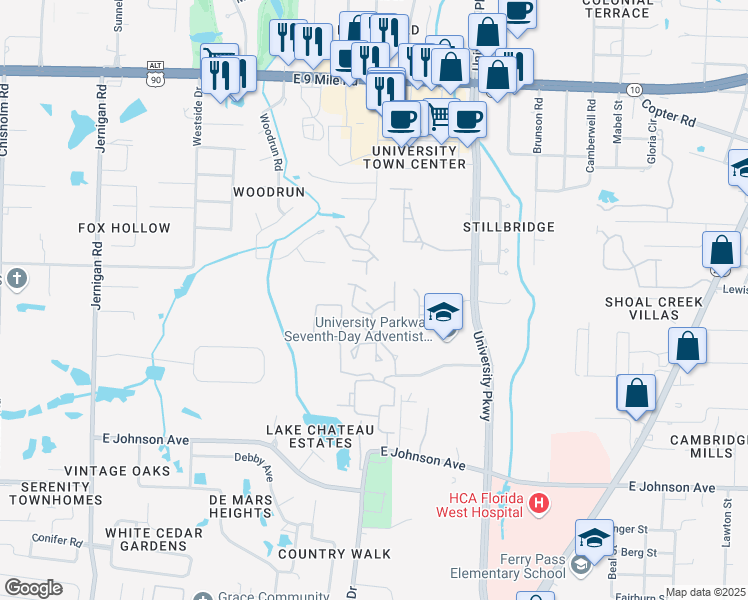 map of restaurants, bars, coffee shops, grocery stores, and more near 2349 Creekside Court in Pensacola