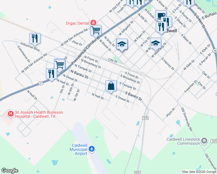 map of restaurants, bars, coffee shops, grocery stores, and more near 104 North Oneal Street in Caldwell