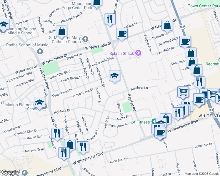 map of restaurants, bars, coffee shops, grocery stores, and more near 1500 Timberwood Drive in Cedar Park