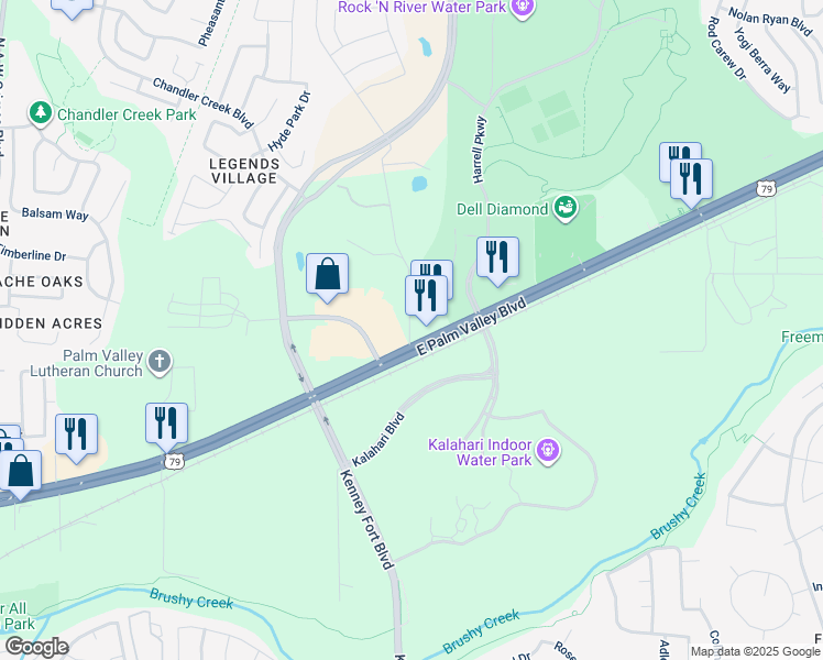 map of restaurants, bars, coffee shops, grocery stores, and more near 3200 East Palm Valley Boulevard in Round Rock