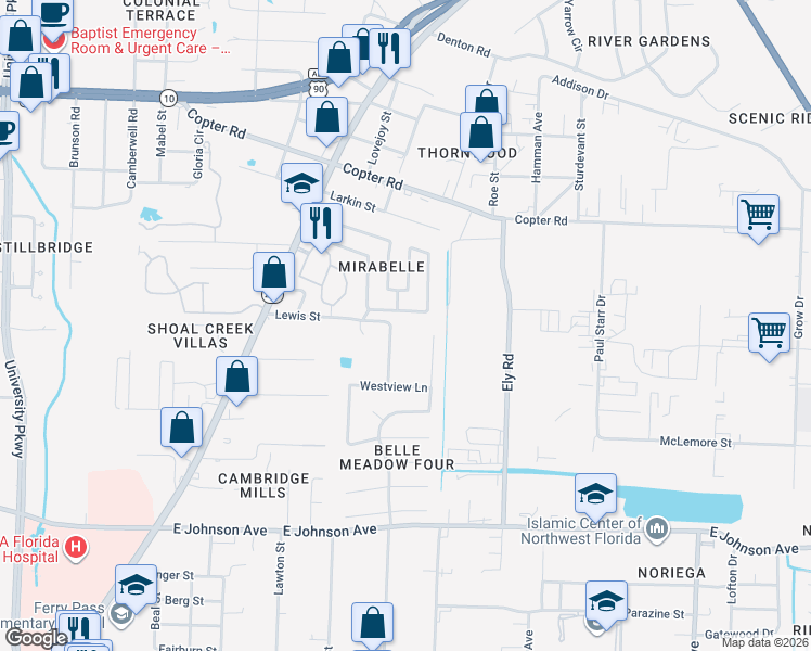 map of restaurants, bars, coffee shops, grocery stores, and more near 8904 Lewis Street in Pensacola