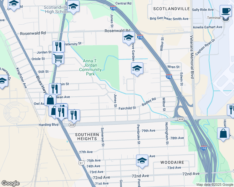 map of restaurants, bars, coffee shops, grocery stores, and more near 8450 Jones Street in Baton Rouge