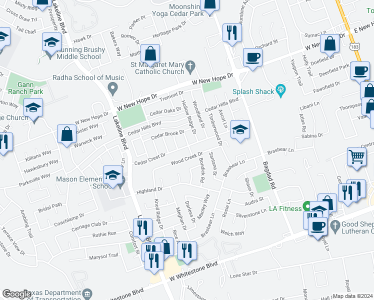 map of restaurants, bars, coffee shops, grocery stores, and more near 1200 Cedar Crest Drive in Cedar Park