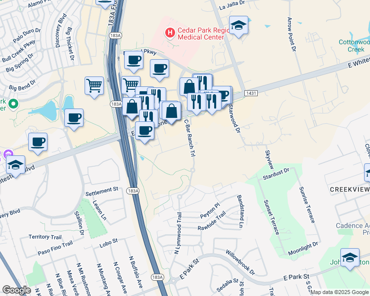 map of restaurants, bars, coffee shops, grocery stores, and more near 801 C-Bar Ranch Trail in Cedar Park