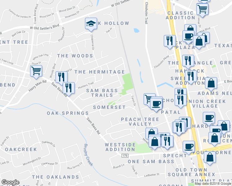 map of restaurants, bars, coffee shops, grocery stores, and more near 1500 Sylvia Lane in Round Rock
