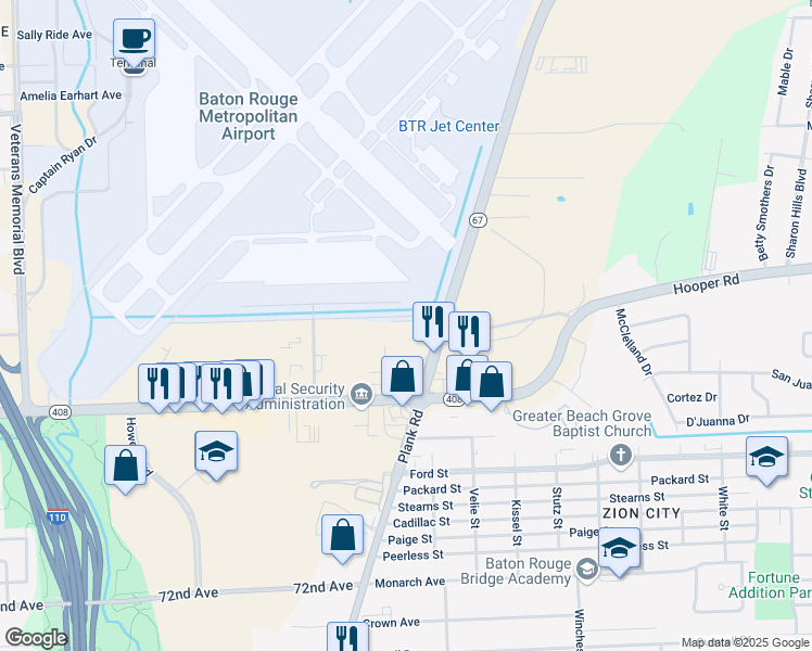 map of restaurants, bars, coffee shops, grocery stores, and more near 8195 Plank Road in Baton Rouge