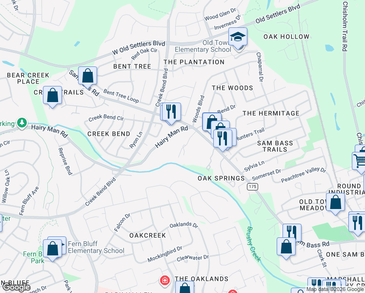 map of restaurants, bars, coffee shops, grocery stores, and more near 2101 Sam Bass Road in Round Rock