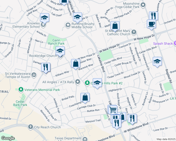 map of restaurants, bars, coffee shops, grocery stores, and more near 1801 Castleguard Way in Cedar Park