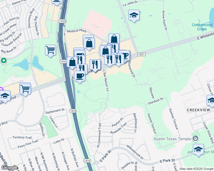map of restaurants, bars, coffee shops, grocery stores, and more near 803 C-bar Ranch Trail in Cedar Park