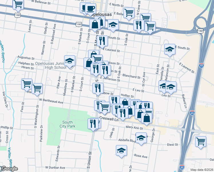 map of restaurants, bars, coffee shops, grocery stores, and more near 401-499 E Jefferson St in Opelousas