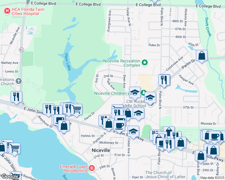 map of restaurants, bars, coffee shops, grocery stores, and more near 107 Park Avenue in Niceville