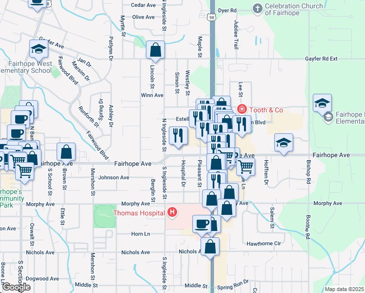map of restaurants, bars, coffee shops, grocery stores, and more near 54 North Ingleside Street in Fairhope