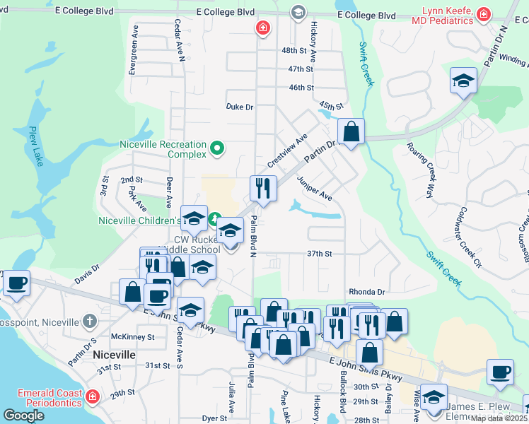 map of restaurants, bars, coffee shops, grocery stores, and more near 144 Palm Boulevard North in Niceville