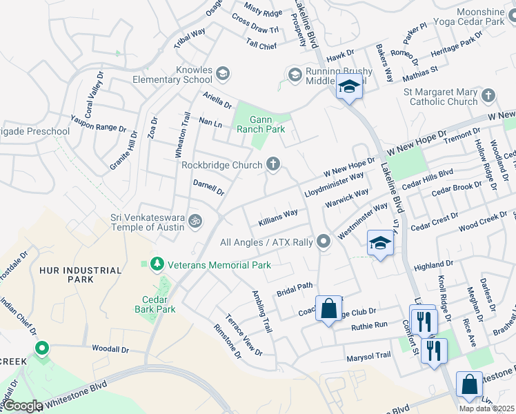 map of restaurants, bars, coffee shops, grocery stores, and more near 2001 West New Hope Drive in Cedar Park