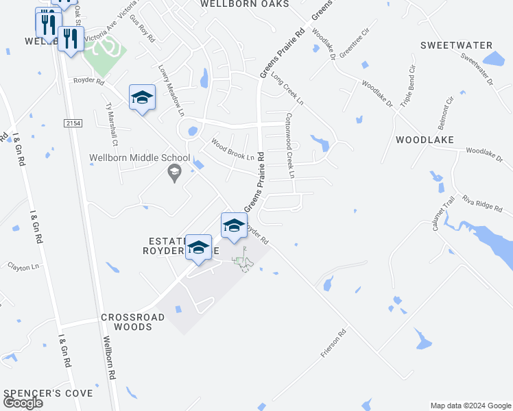 map of restaurants, bars, coffee shops, grocery stores, and more near 15725 Timber Creek Lane in College Station