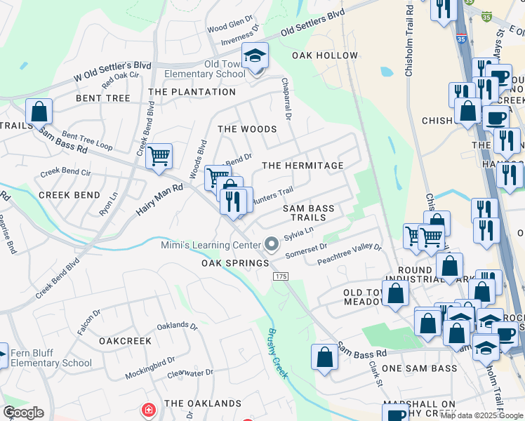 map of restaurants, bars, coffee shops, grocery stores, and more near 1802 Hunters Trail in Round Rock