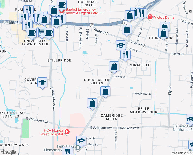 map of restaurants, bars, coffee shops, grocery stores, and more near 8917 North Davis Highway in Pensacola