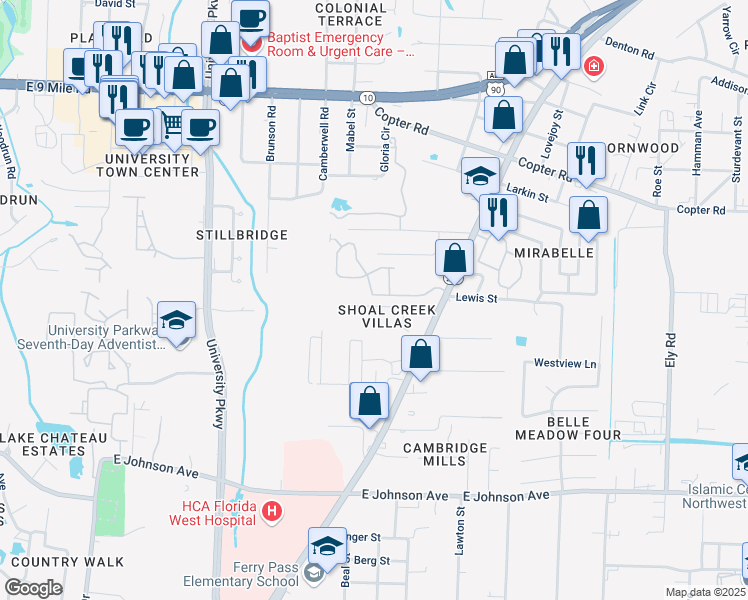 map of restaurants, bars, coffee shops, grocery stores, and more near 2326 Shoal Creek Drive in Pensacola