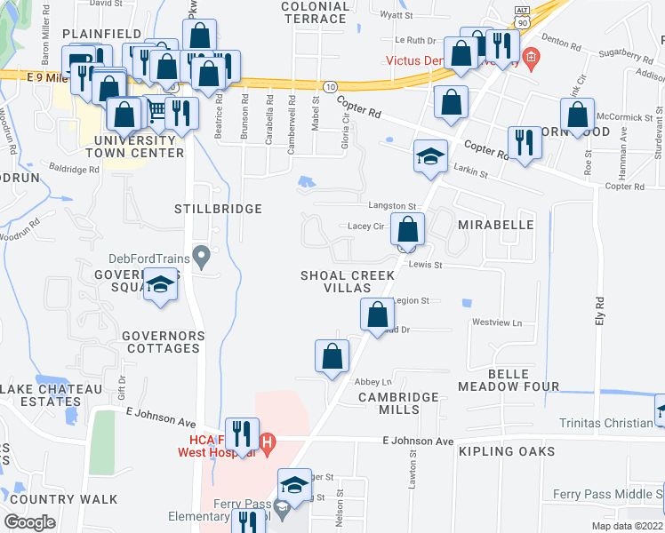 map of restaurants, bars, coffee shops, grocery stores, and more near 2322 Shoal Creek Drive in Pensacola